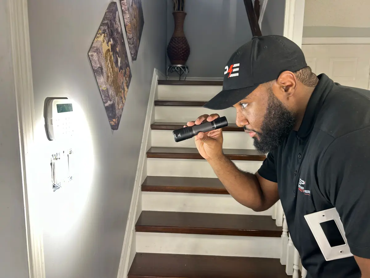 Shaun inspecting home electrical with flashlight